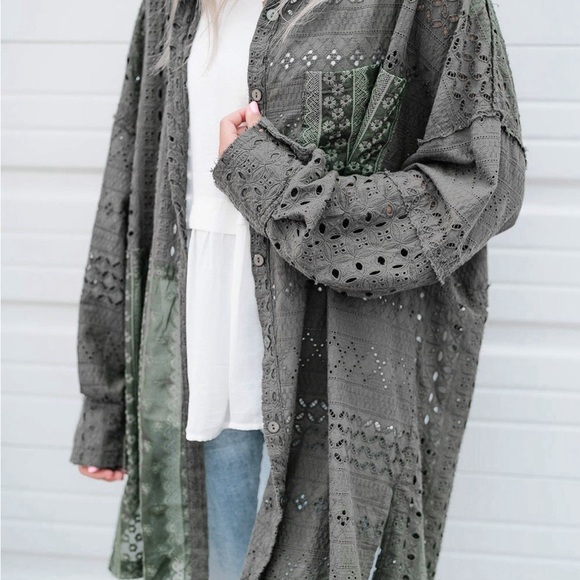 Duffel Green Eyelet Pattern Patchwork Oversized Button Up Shacket Bohemian style - Picture 6 of 15
